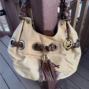 Michael Kors Beige Raffia Shoulder Bag with Brown Braided Leather Trim